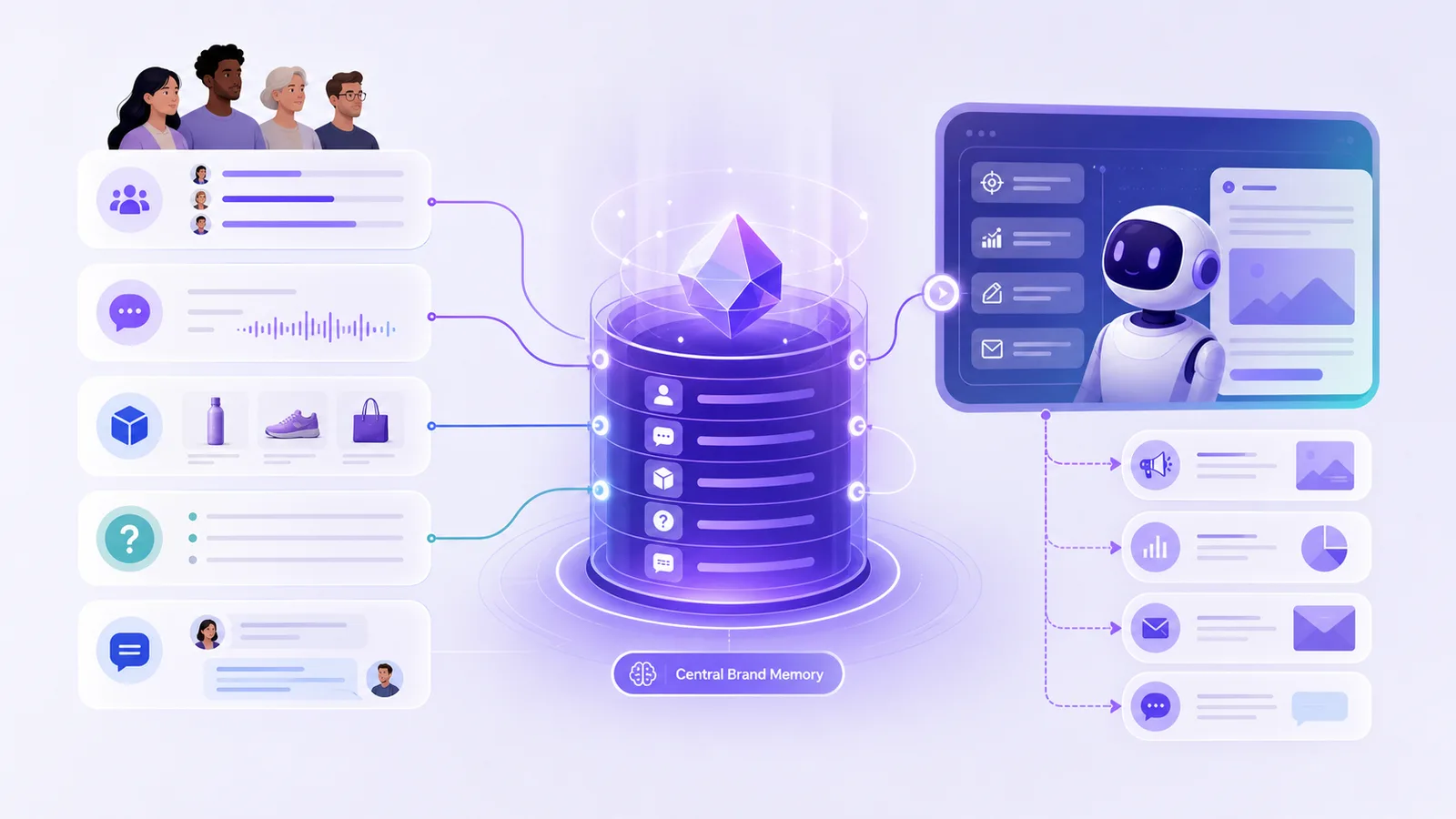 Illustration of a central brand memory system connecting audience, products, FAQs, and customer conversations to an AI agent