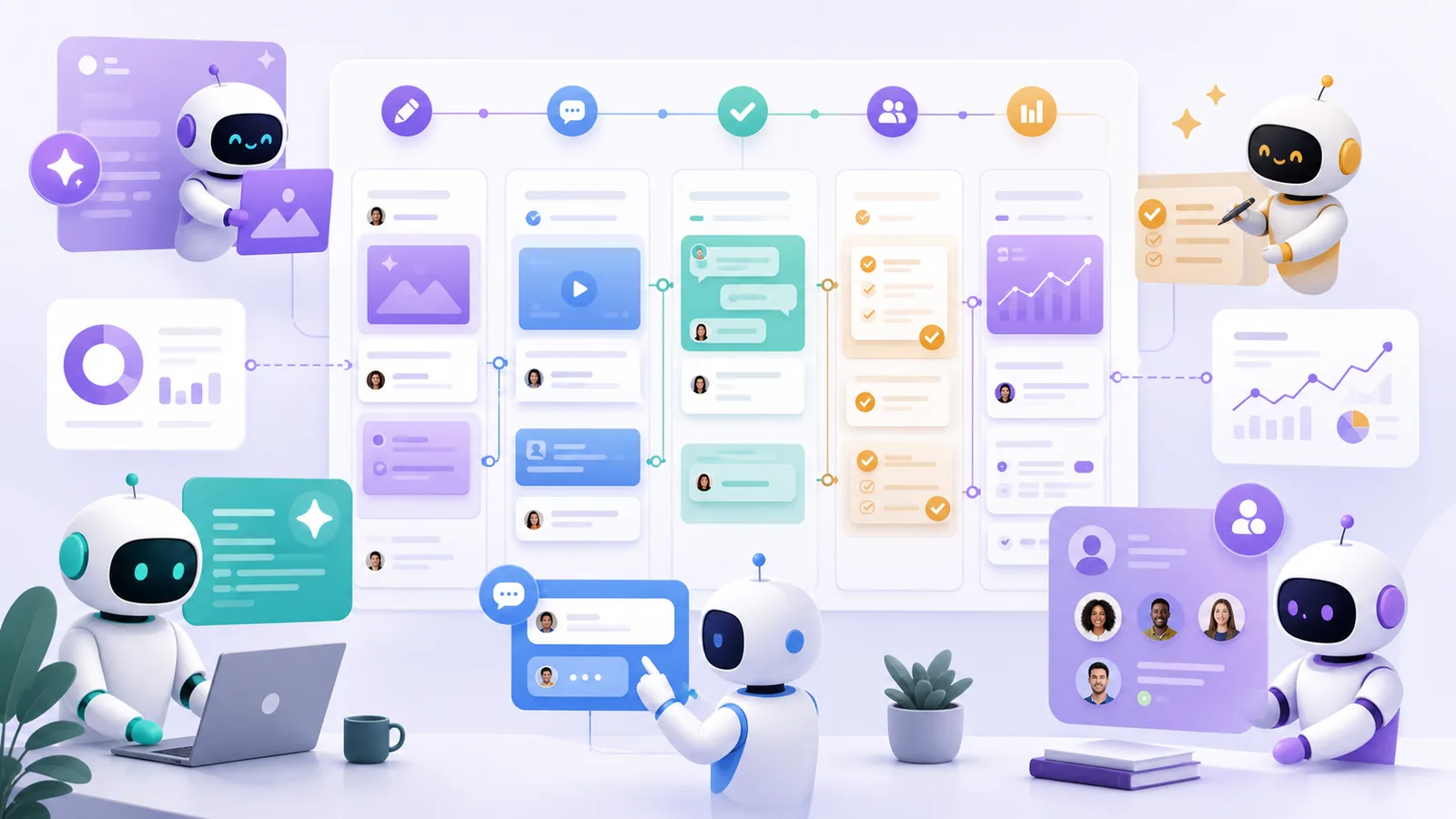 Illustration of AI marketing agents coordinating workflow steps across content, conversations, approvals, and analytics