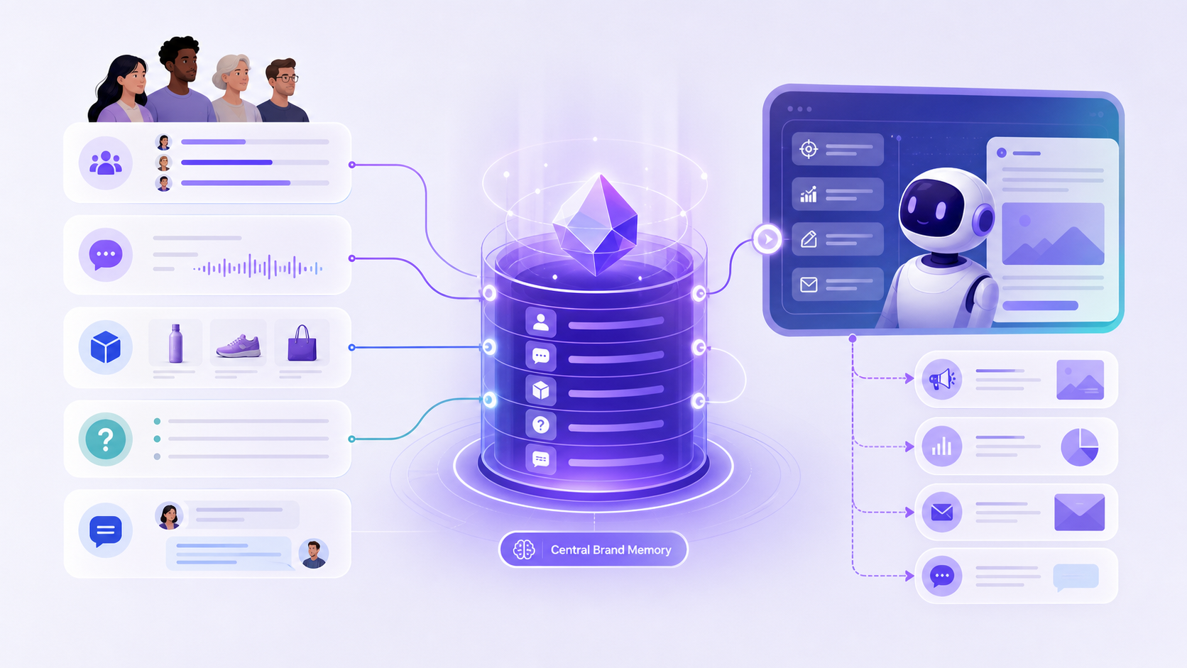 Illustration of a central brand memory system connecting audience, products, FAQs, and customer conversations to an AI agent