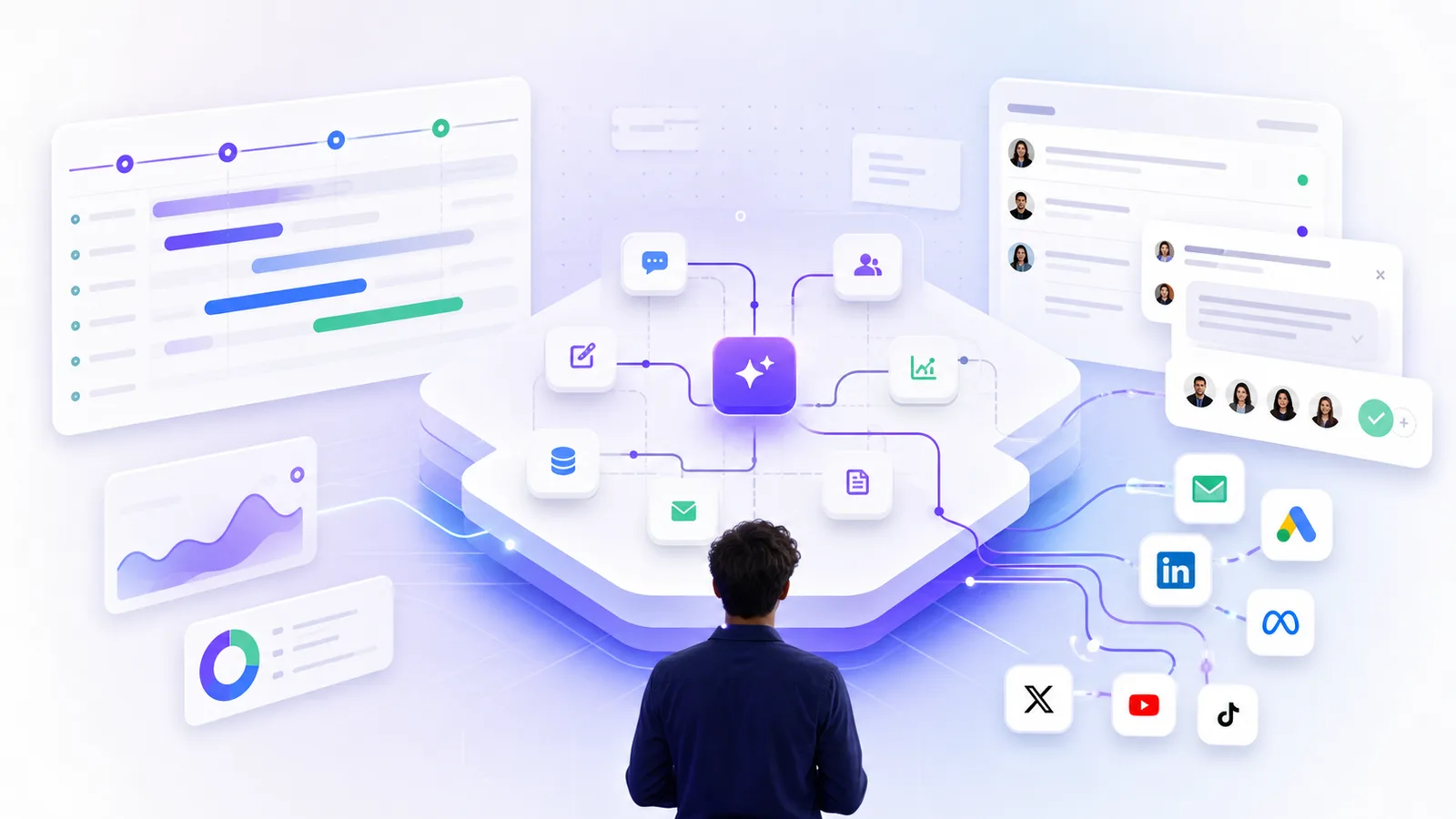 Illustration of a founder building an Agentic Marketing OS with connected workflows and channels